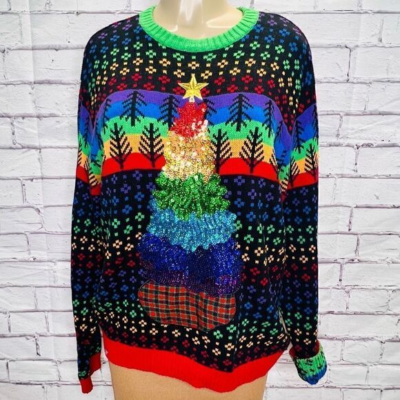 Blizzard Bay Mens Multicolor Rainbox Tree Ugly Christmas Pullover Sweater Medium - Picture 1 of 4